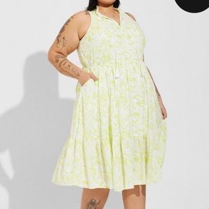 Torrid Chartreuse Yellow Floral Midi Dress boho fit & flare tiered ruffles 1X